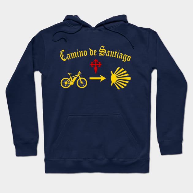 Camino de Santiago Typography Bicycle Yellow Arrow Scallop Shell Red Cross Hoodie by Brasilia Catholic